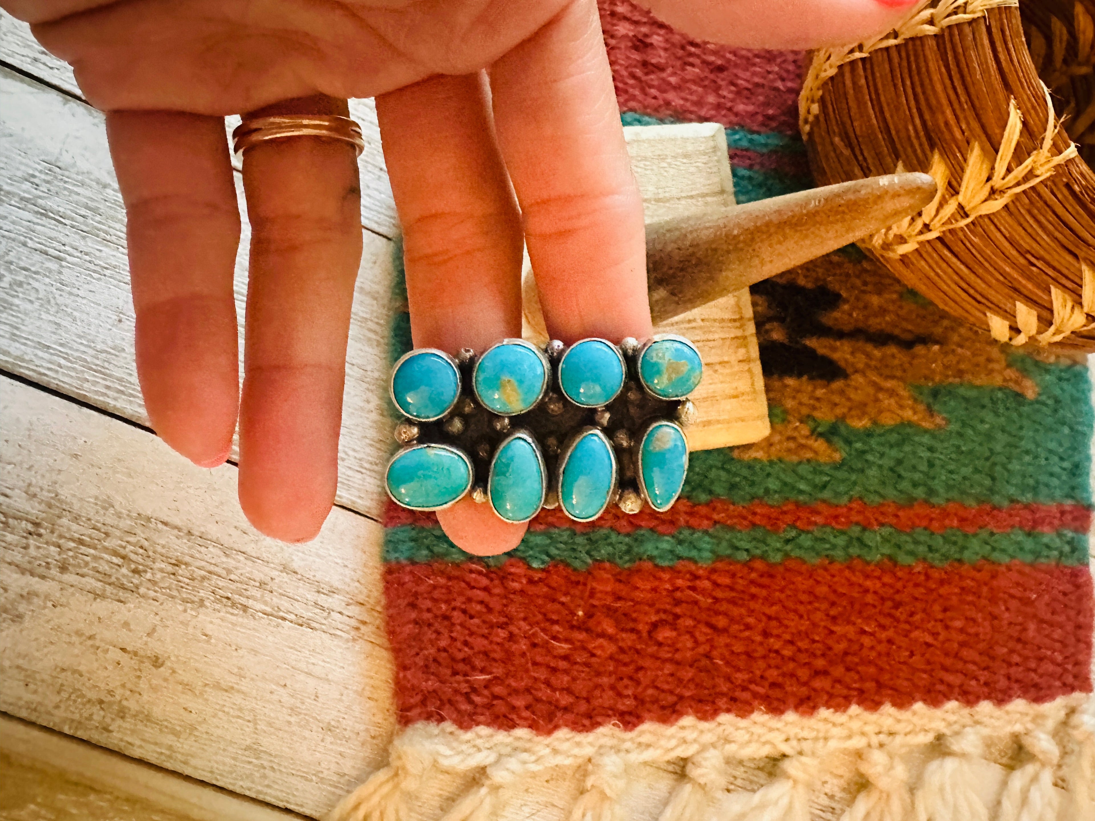 Handcrafted Sterling Silver & Kingman Turquoise Ring Size 8