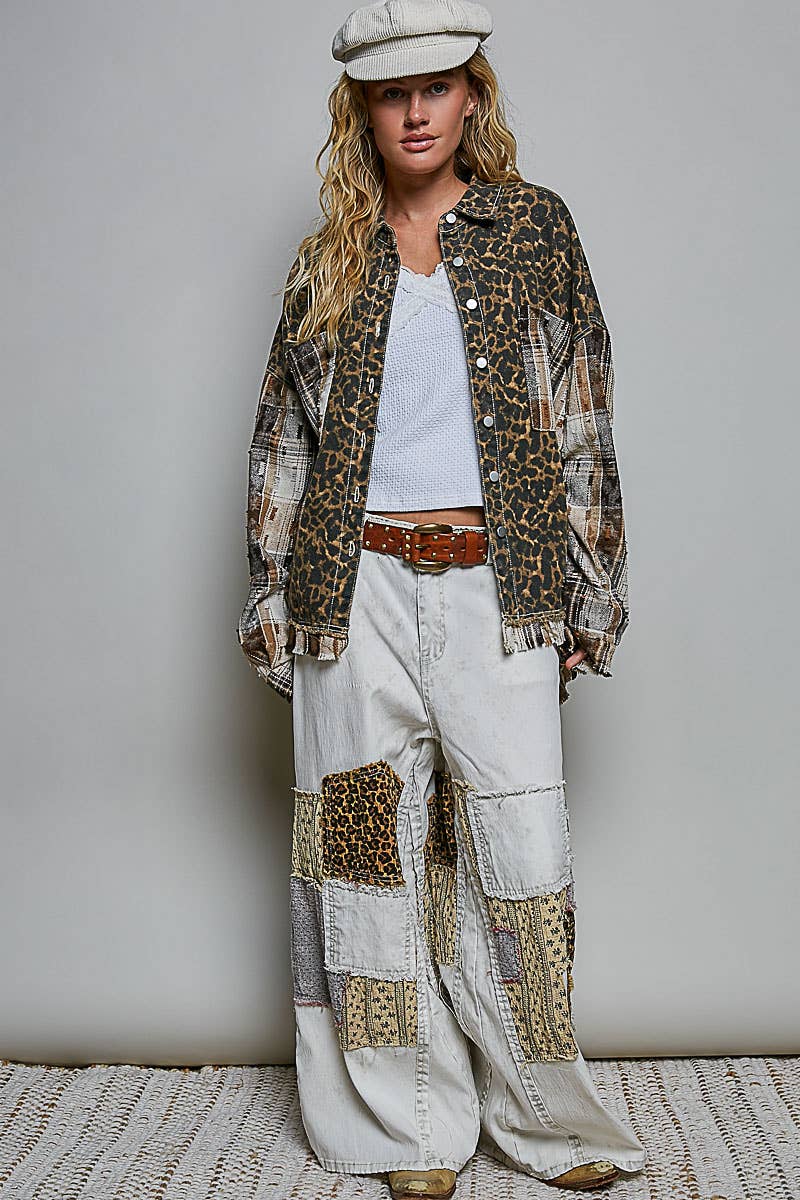Allover Print Pattern Raw-Edge Fringe Trim Shirt Jacket