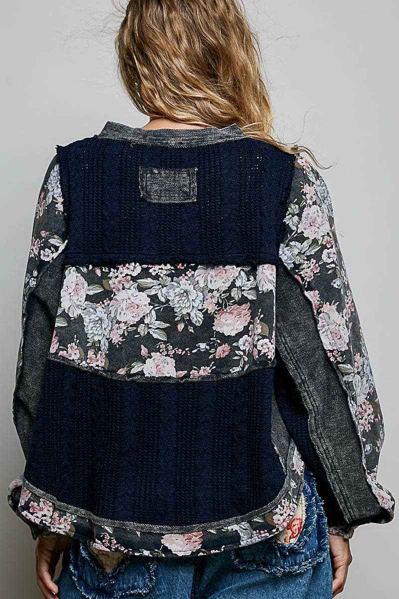 POL French Terry Raw-Edge Trim Patchwork Textured Knit Top