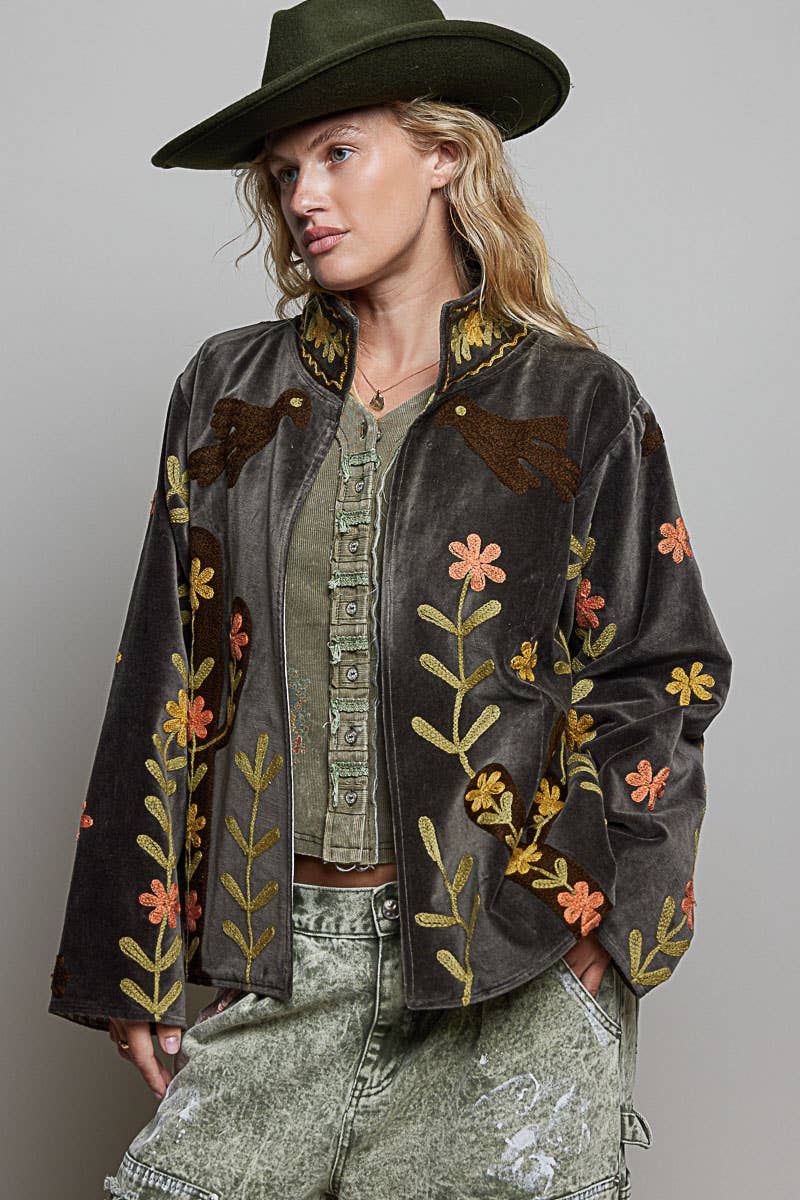 Suzette Vine Embroidery Floral Velvet Jacket