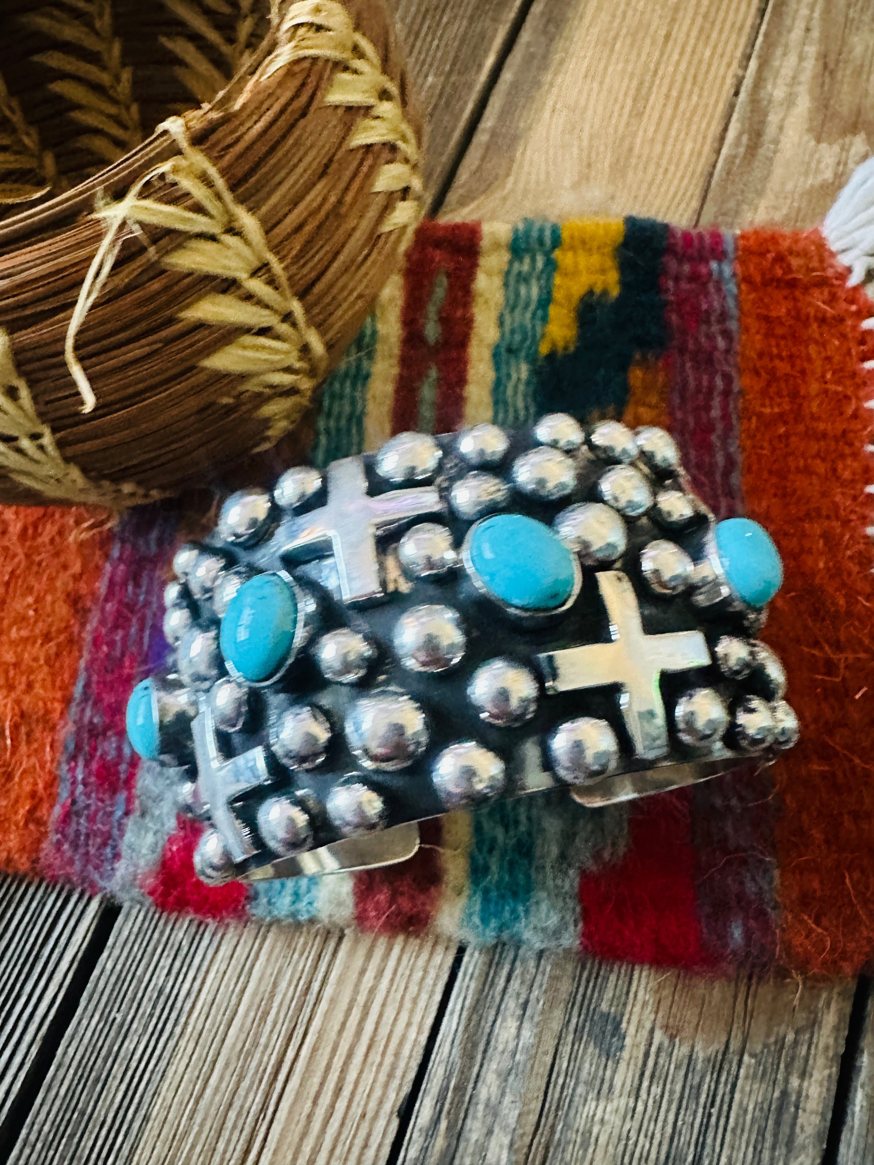 Handcrafted Turquoise & Sterling Silver Cross Cuff Bracelet By Chimney Butte