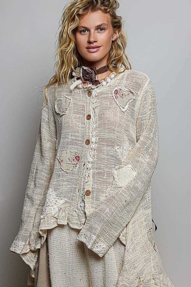 Floral Heart + Star Appliqué Lace Trim Cardigan