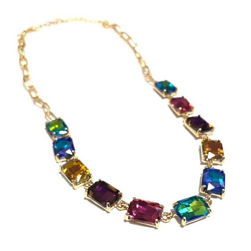 Rectangle Crystal Glass Linked Statement Chain Necklace