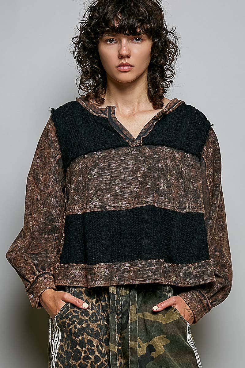 POL French Terry Raw-Edge Trim Patchwork Textured Knit Top