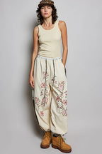 Floral Embroidery Print Patch Denim Jogger Pants