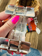 Handcrafted Coral, Turquoise & Sterling Silver Cluster Cuff Bracelet