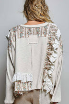 POL Floral Ruffle Trim Textured Ribbed Long Sleeve Knit Top