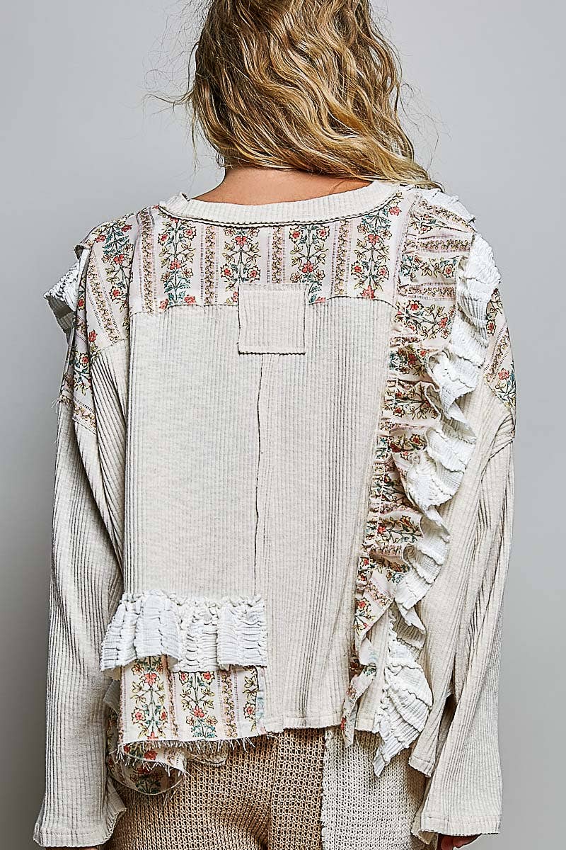 POL Floral Ruffle Trim Textured Ribbed Long Sleeve Knit Top