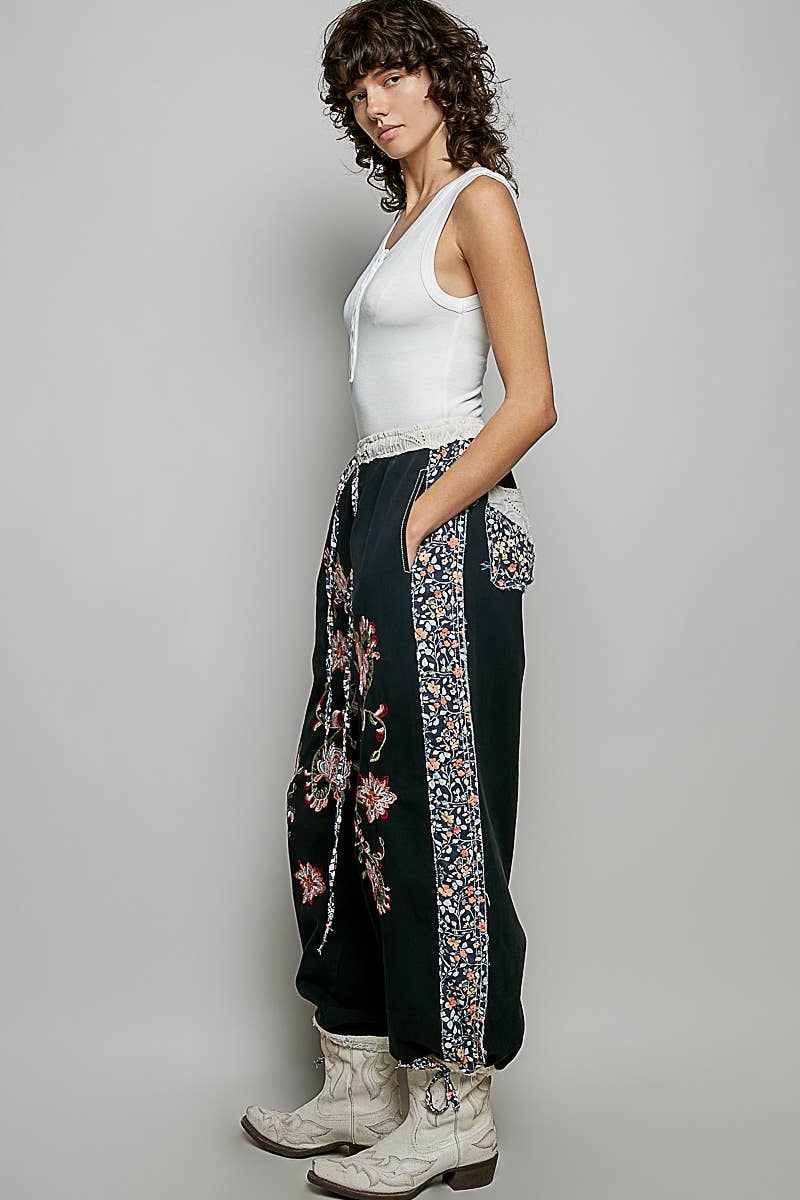 Floral Embroidery Print Patch Denim Jogger Pants