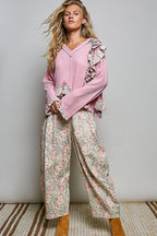 POL Floral Ruffle Trim Textured Ribbed Long Sleeve Knit Top