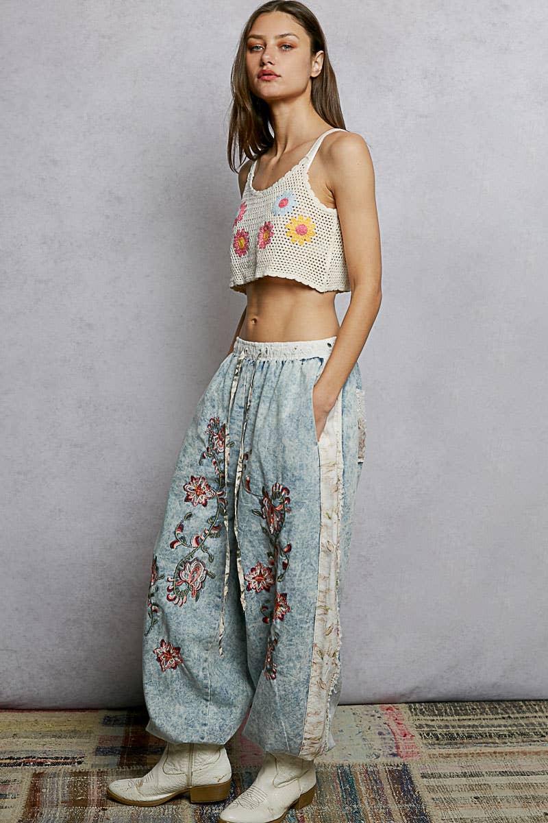 Floral Embroidery Print Patch Denim Jogger Pants