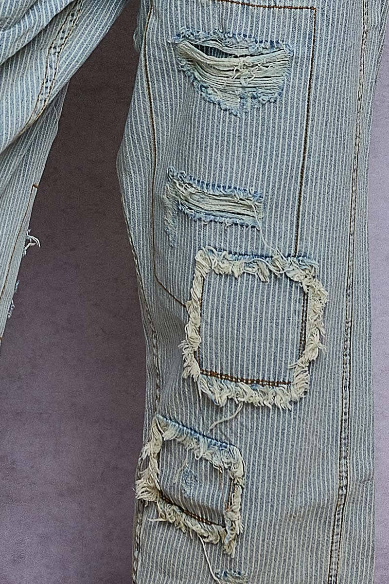 High Rise Ankle Length Distressed Pinstripe Jeans