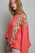 POL Floral Ruffle Trim Textured Ribbed Long Sleeve Knit Top
