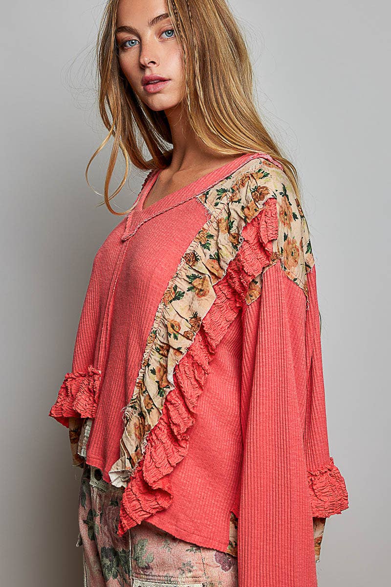 POL Floral Ruffle Trim Textured Ribbed Long Sleeve Knit Top