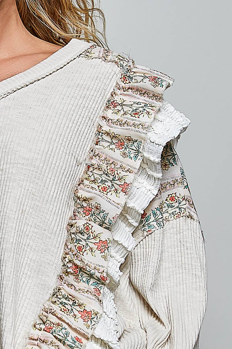 POL Floral Ruffle Trim Textured Ribbed Long Sleeve Knit Top