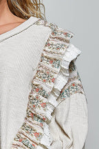POL Floral Ruffle Trim Textured Ribbed Long Sleeve Knit Top