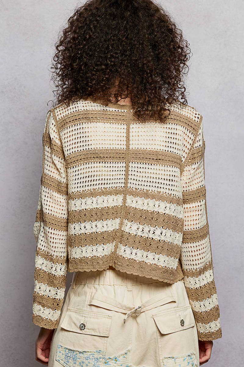Stripe Long Sleeve Floral Embroidered Crochet Cardigan SALE