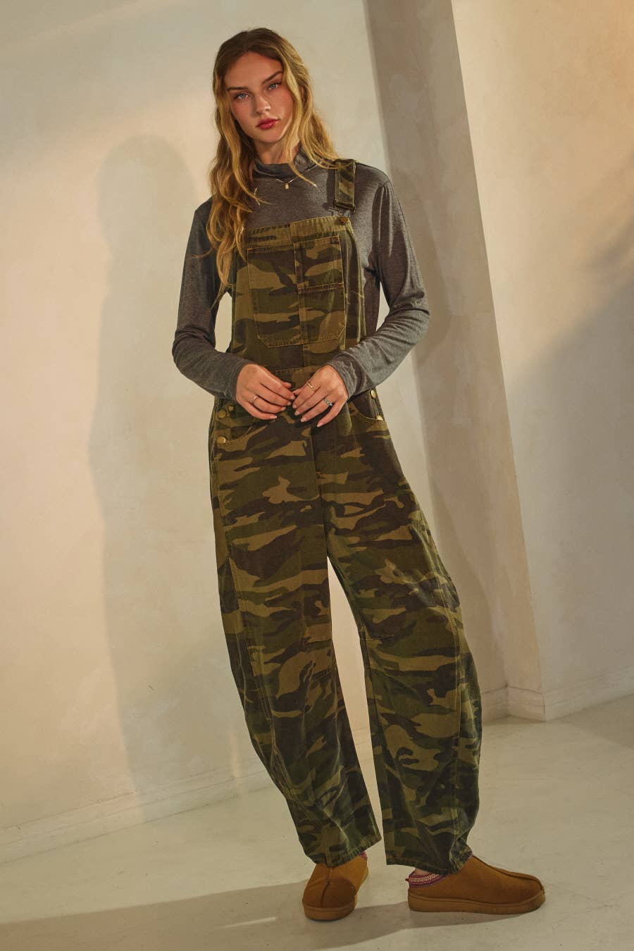 Camo Denim Barrel Overalls Jumpsuit