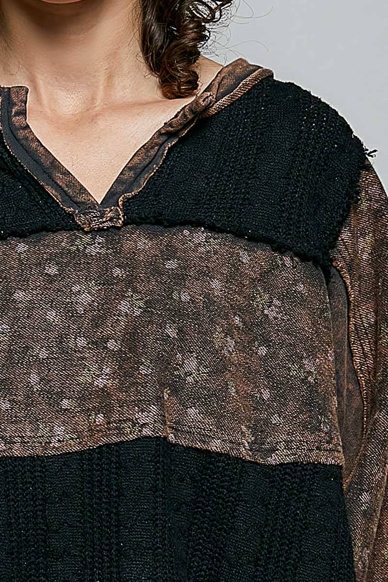 POL French Terry Raw-Edge Trim Patchwork Textured Knit Top