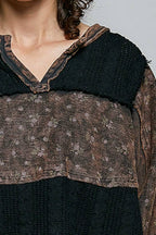 POL French Terry Raw-Edge Trim Patchwork Textured Knit Top