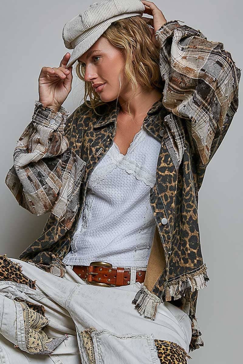 Allover Print Pattern Raw-Edge Fringe Trim Shirt Jacket