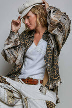 Allover Print Pattern Raw-Edge Fringe Trim Shirt Jacket