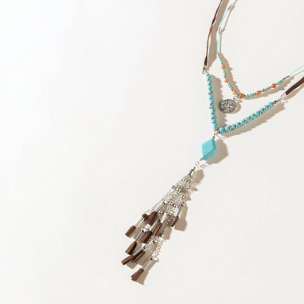 Two Moons Boho Fringe Necklace in Mesa Blue