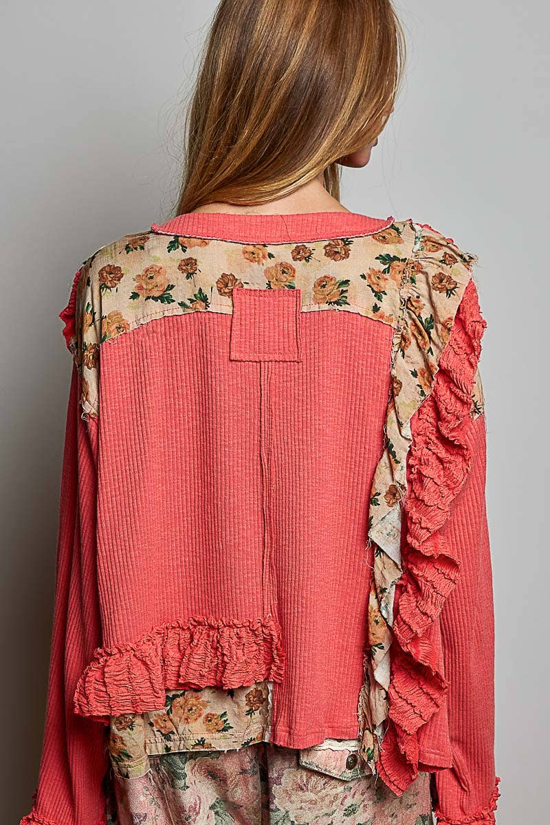 POL Floral Ruffle Trim Textured Ribbed Long Sleeve Knit Top