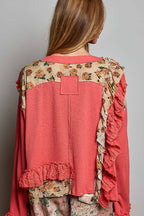 POL Floral Ruffle Trim Textured Ribbed Long Sleeve Knit Top