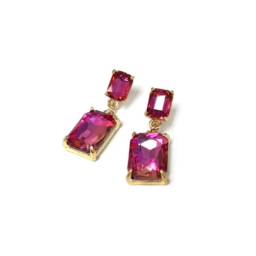 Midi Size Rectangle Linked Crystal Glass Dangle Earrings