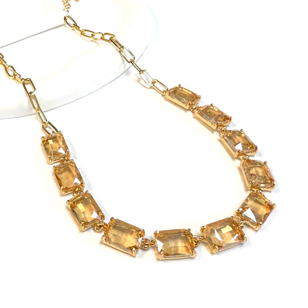 Rectangle Crystal Glass Linked Statement Chain Necklace