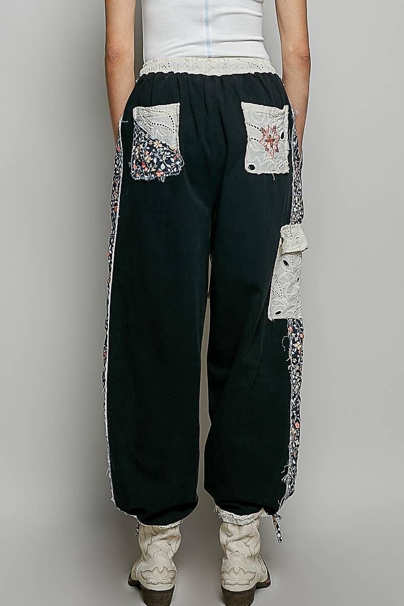 Floral Embroidery Print Patch Denim Jogger Pants