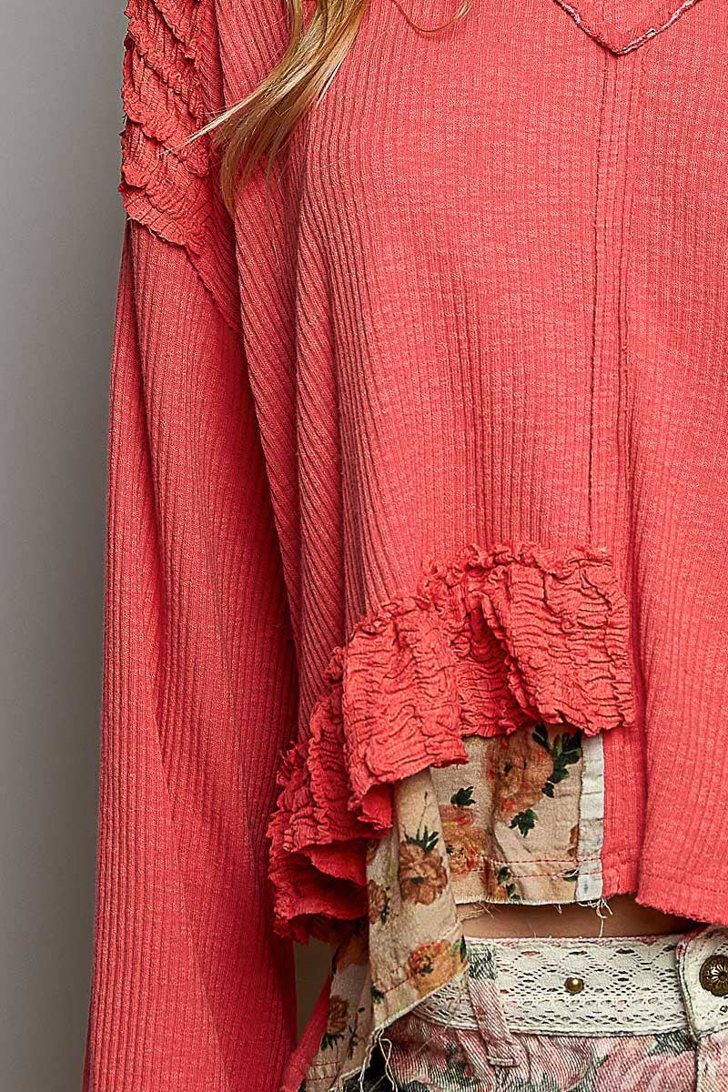 POL Floral Ruffle Trim Textured Ribbed Long Sleeve Knit Top