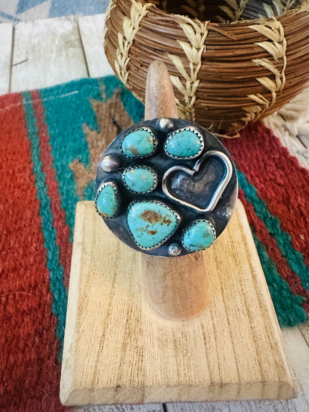 Old Pawn Handcrafted Sterling Silver & Turquoise Ring Size 5