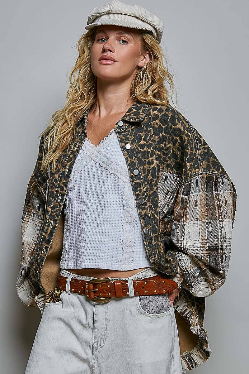 Allover Print Pattern Raw-Edge Fringe Trim Shirt Jacket
