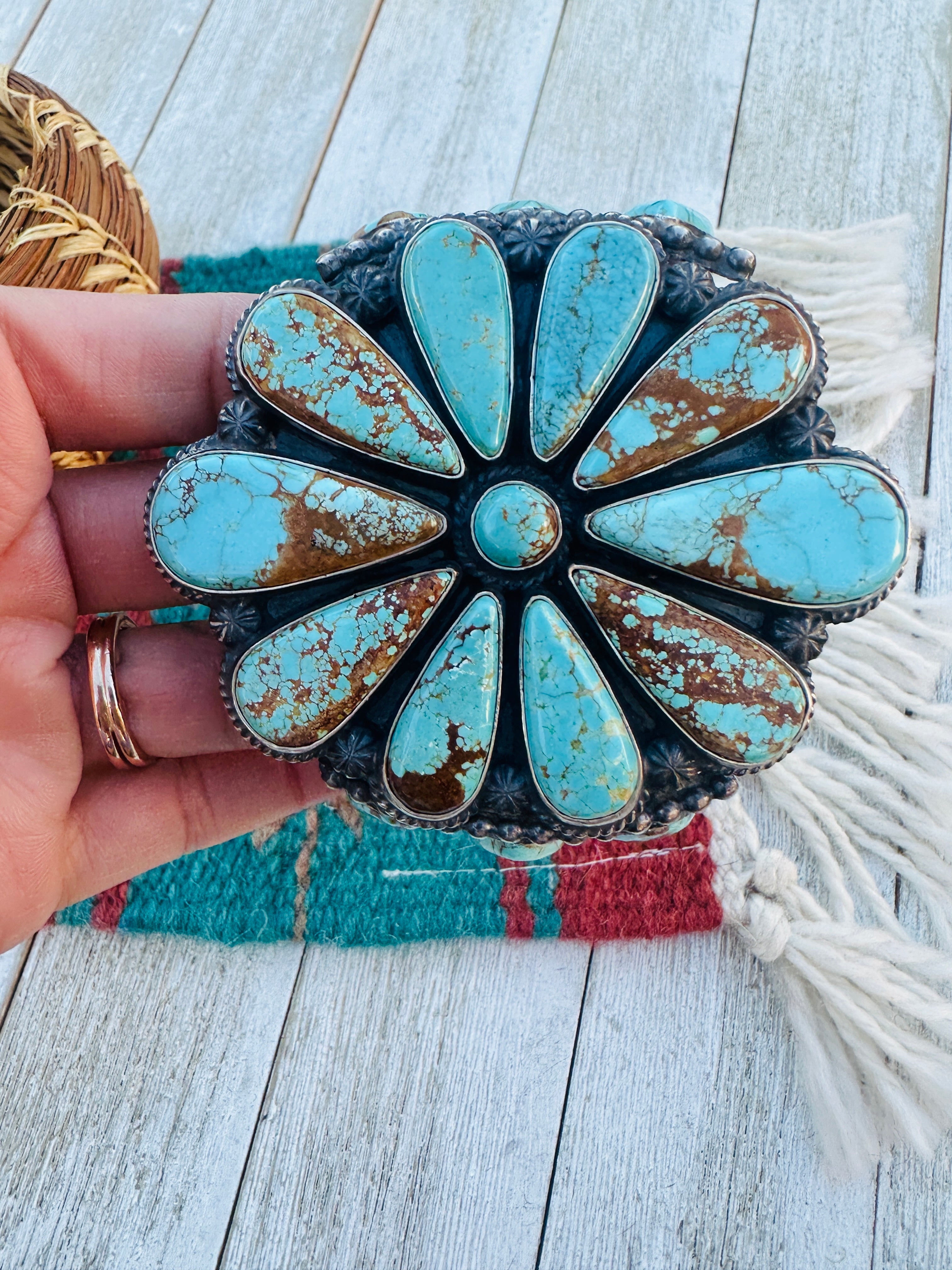 Handcrafted Old Pawn Sterling Silver & Turquoise Cluster Cuff Bracelet by Anthony Skeets