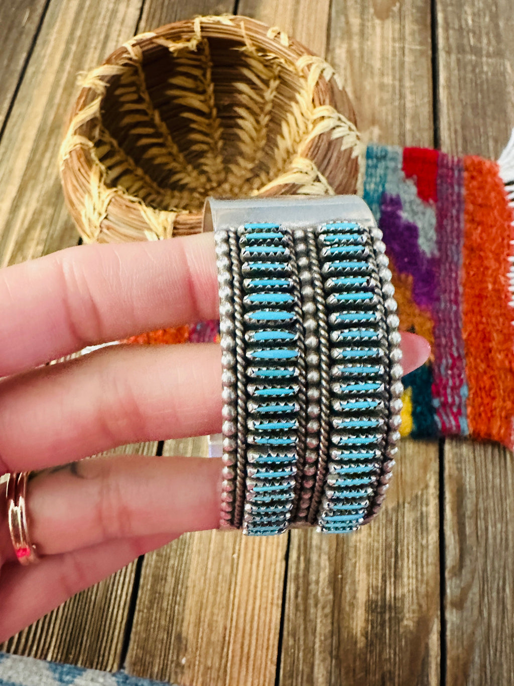 Handcrafted Old Pawn Sterling Silver & Turquoise Needlepoint Cuff Bracelet
