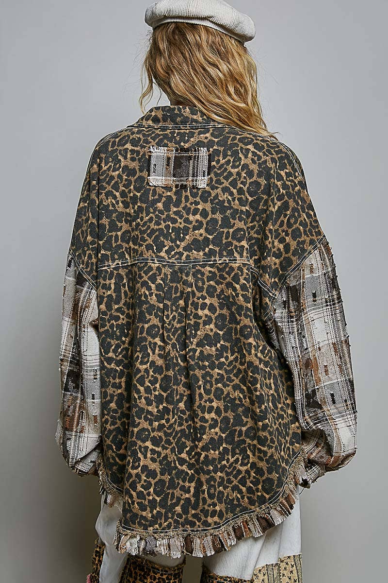 Allover Print Pattern Raw-Edge Fringe Trim Shirt Jacket