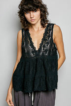 POL Sleeveless Deep V-neck Lace Trim Knit Top