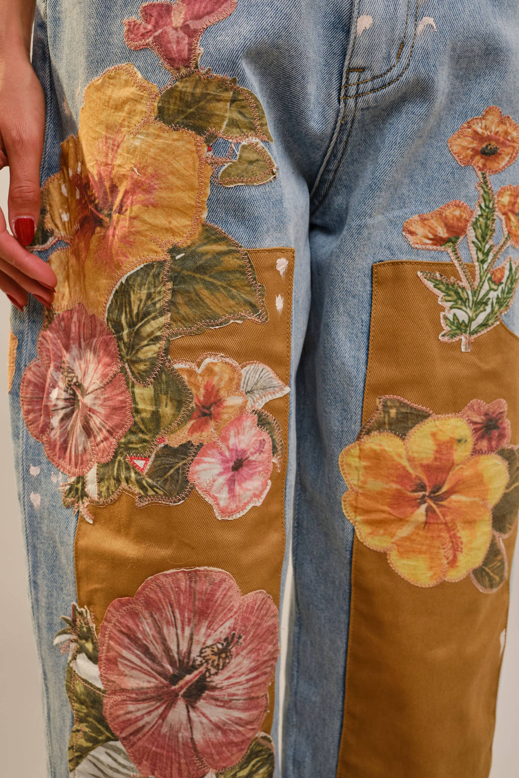Floral Patchwork Barrel Leg Jean – High Rise Relaxed Fit