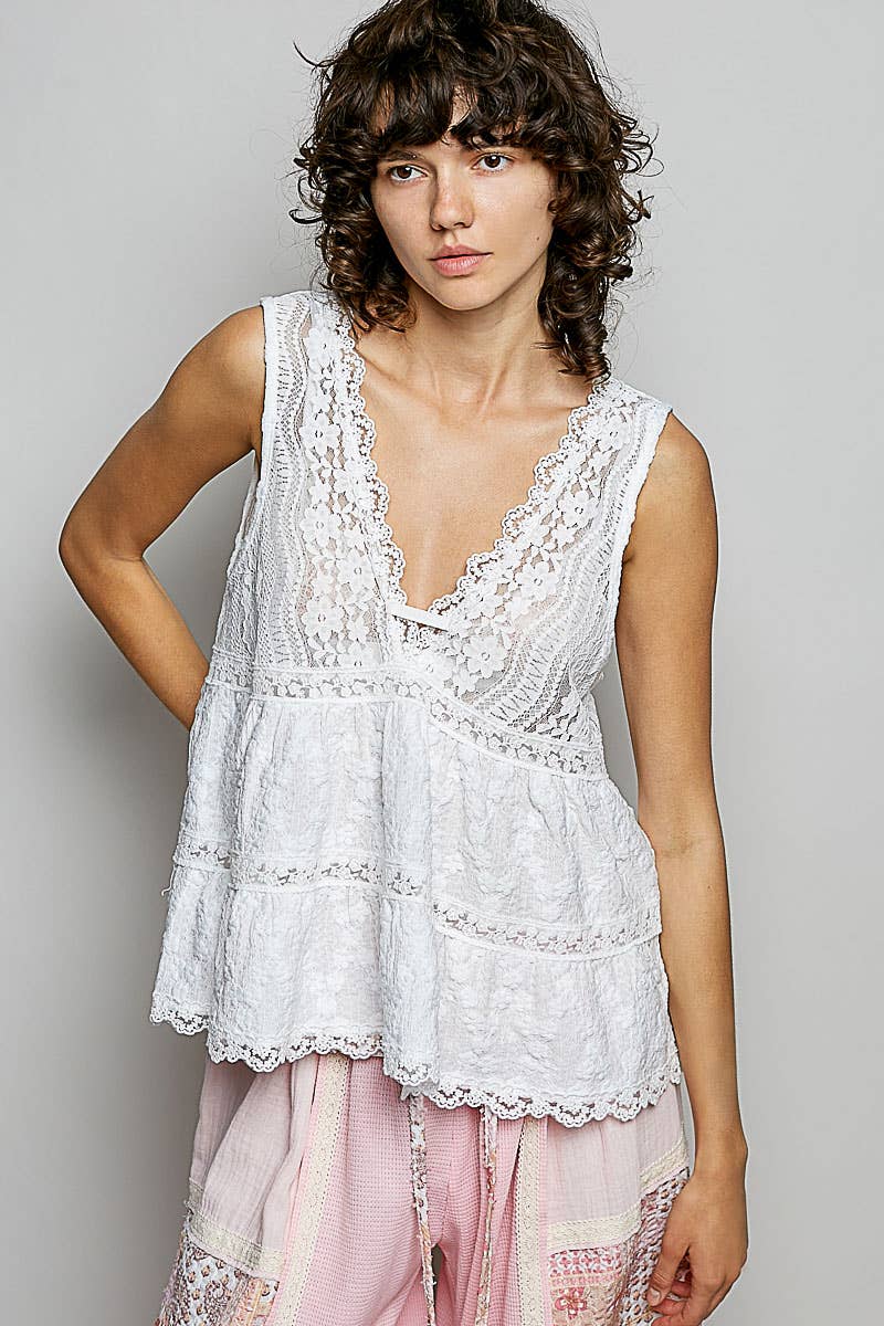 POL Sleeveless Deep V-neck Lace Trim Knit Top