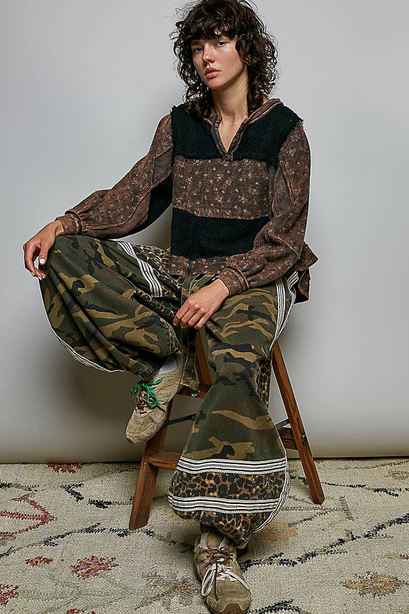 POL French Terry Raw-Edge Trim Patchwork Textured Knit Top