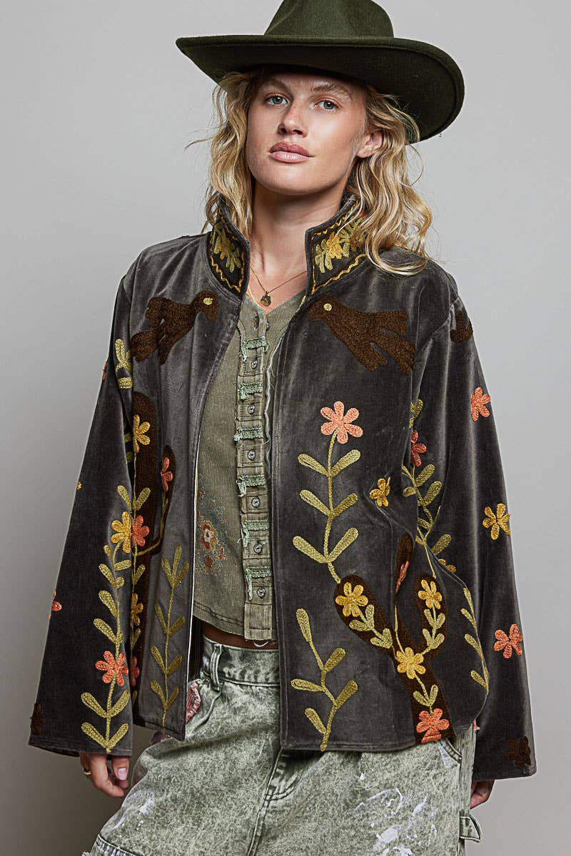 Suzette Vine Embroidery Floral Velvet Jacket