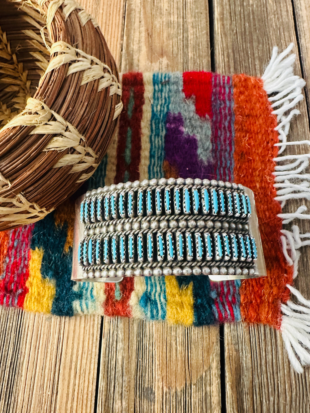 Handcrafted Old Pawn Sterling Silver & Turquoise Needlepoint Cuff Bracelet