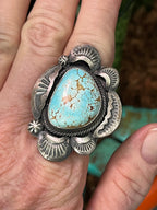 Handcrafted Sterling Silver and Number 8 Turquoise Ring by Artist, Gilbert Tom, Size 10.5