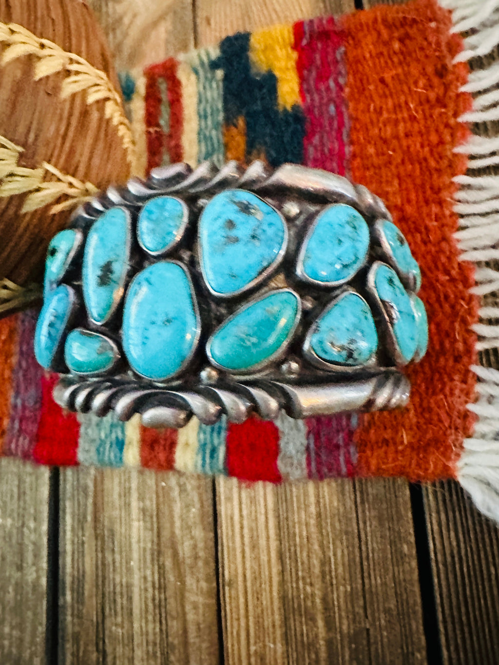 Handcrafted Old Pawn Sterling Silver & Turquoise Cluster Cuff Bracelet