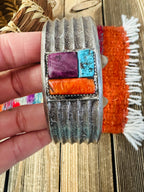 Handcrafted Old Pawn Turquoise, Spiny & Sterling Silver Inlay Cuff Bracelet by Raymond Betsoi