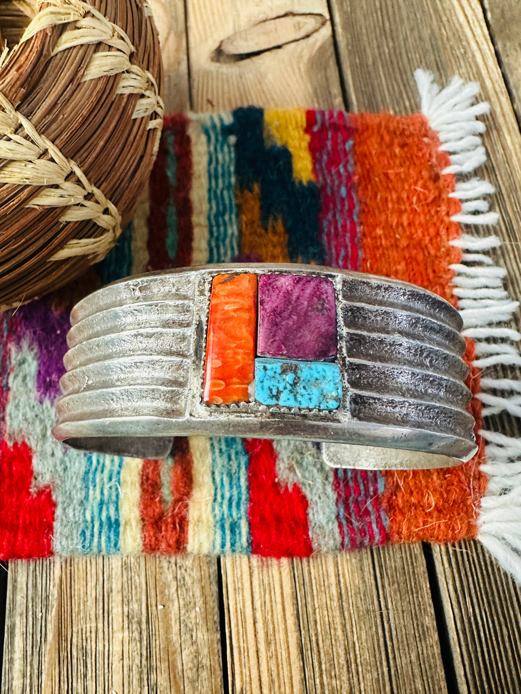 Handcrafted Old Pawn Turquoise, Spiny & Sterling Silver Inlay Cuff Bracelet by Raymond Betsoi