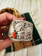 Handcrafted Old Pawn Turquoise, Coral & Sterling Silver Cuff Bracelet