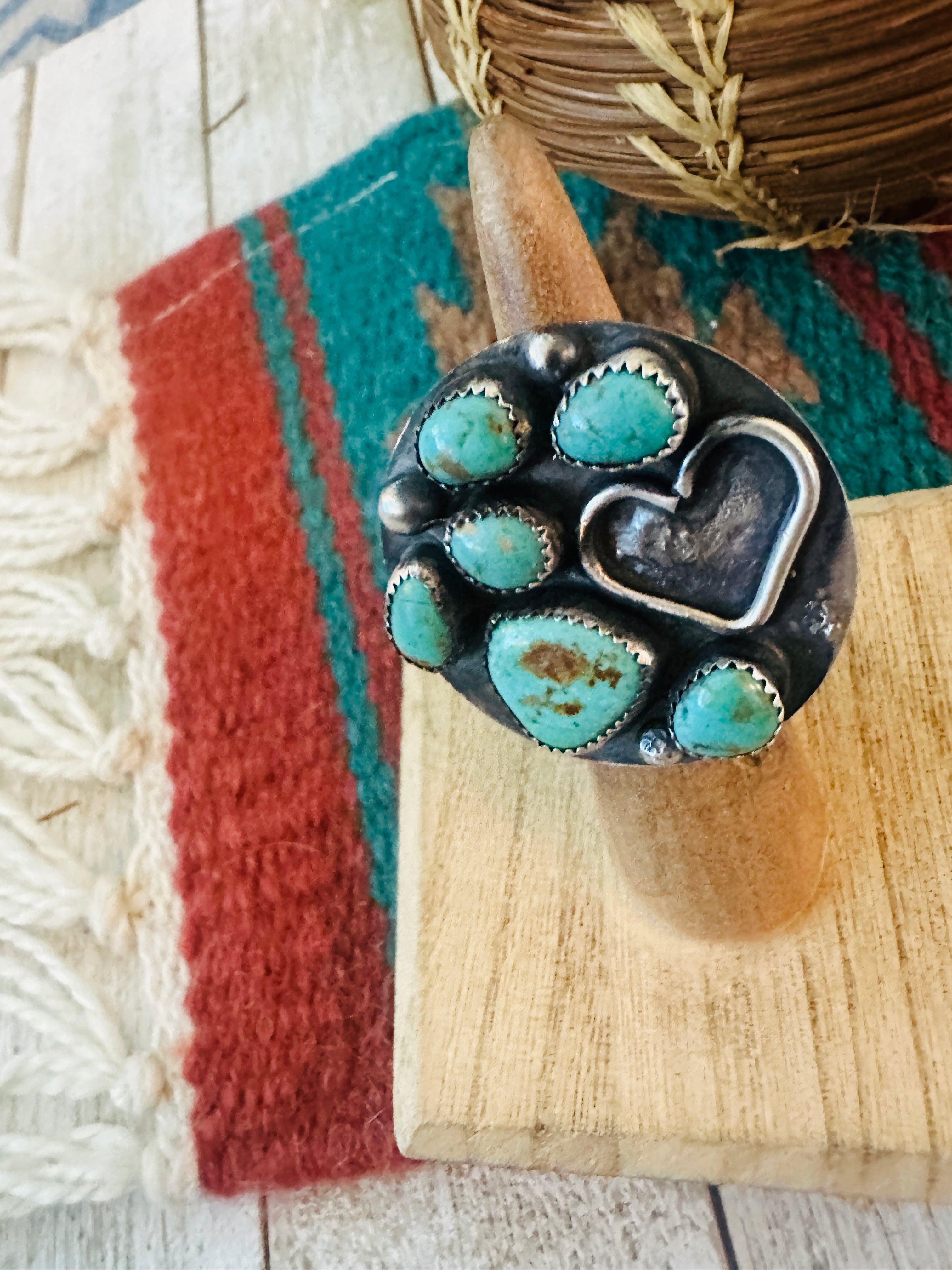 Old Pawn Handcrafted Sterling Silver & Turquoise Ring Size 5